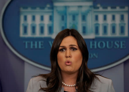 White House Press Secretary Sarah Huckabee Sanders takes questions during a daily briefing at the White House in Washington, U.S., March 7, 2018. REUTERS/Leah Millis