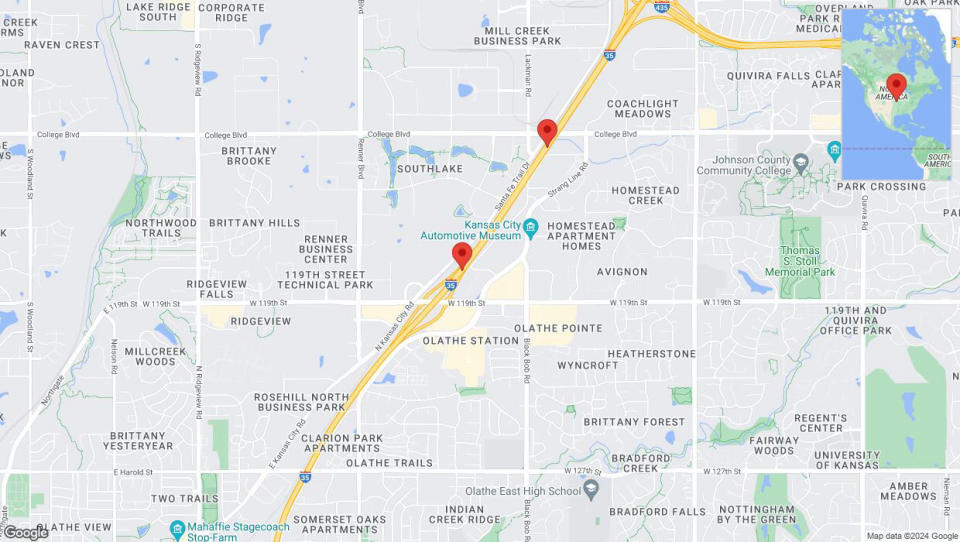 A detailed map that shows the affected road due to 'Heavy rain prompts traffic warning on eastbound I-35 in Olathe' on May 31st at 4 p.m.