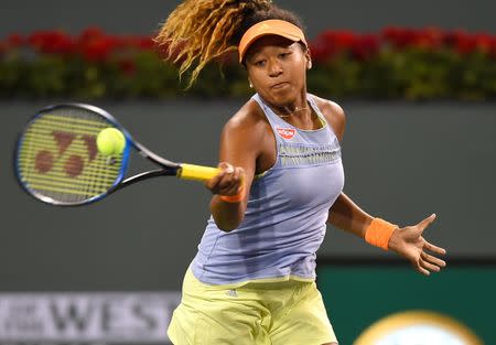 Mar 7, 2018; Indian Wells, CA, Naomi Osaka (JPN) in her first round match against Maria Sharapova (not pictured) at the BNP Paribas Open at the Indian Wells Tennis Garden. Jayne Kamin-Oncea-USA TODAY Sports