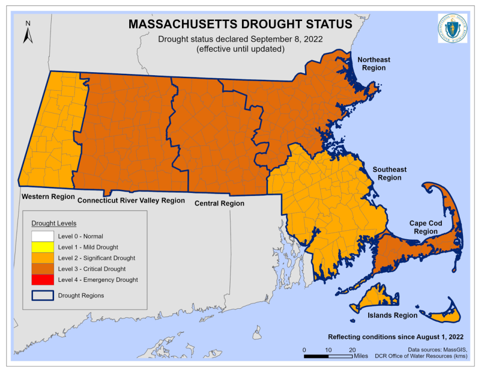 Massachusetts Drought Status map, reflecting updated conditions as of Sept. 8.