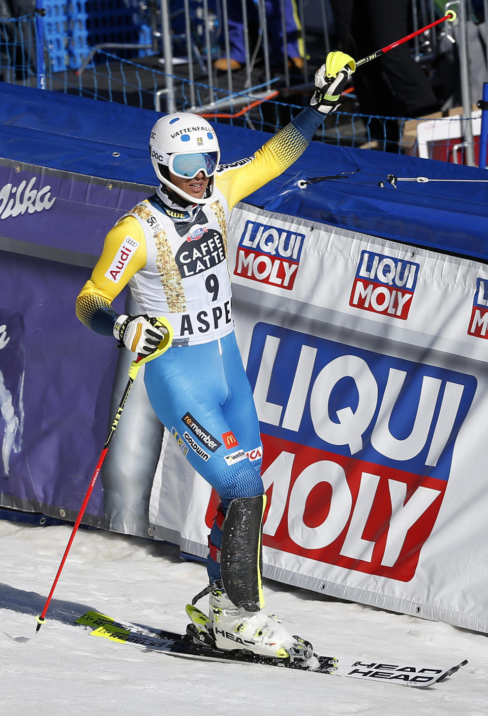 Sweden's Andre Myhrer reacts after the first run of a men's World Cup slalom ski race Sunday, March 19, 2017, in Aspen, Colo. (AP Photo/Brennan Linsley)