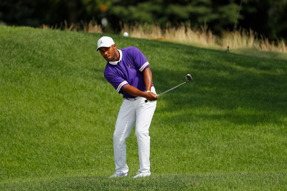 JERSEY CITY, NEW JERSEY - AUGUST 11: Harold Varner III of the United States plays a shot on the eighth hole during the final round of The Northern Trust at Liberty National Golf Club on August 11, 2019 in Jersey City, New Jersey. (Photo by Kevin C. Cox/Getty Images)