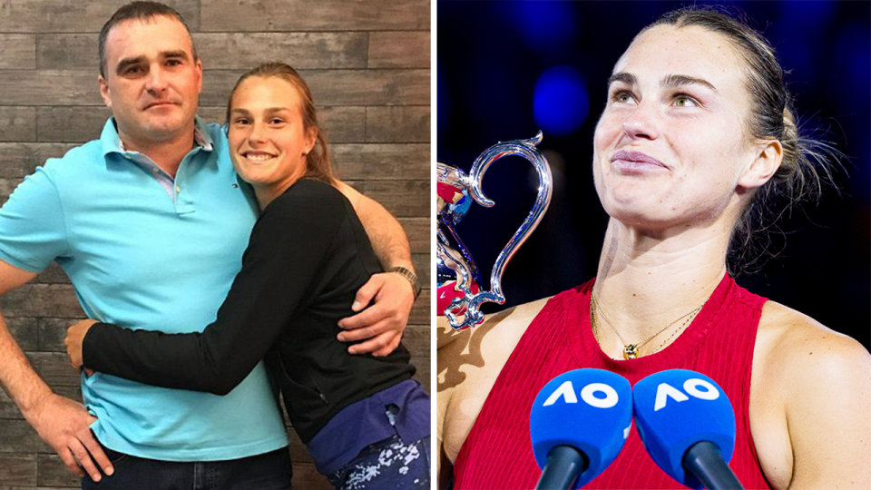 Aryna Sabalenka hugs her father Sergei and Sabalenka during her speech.