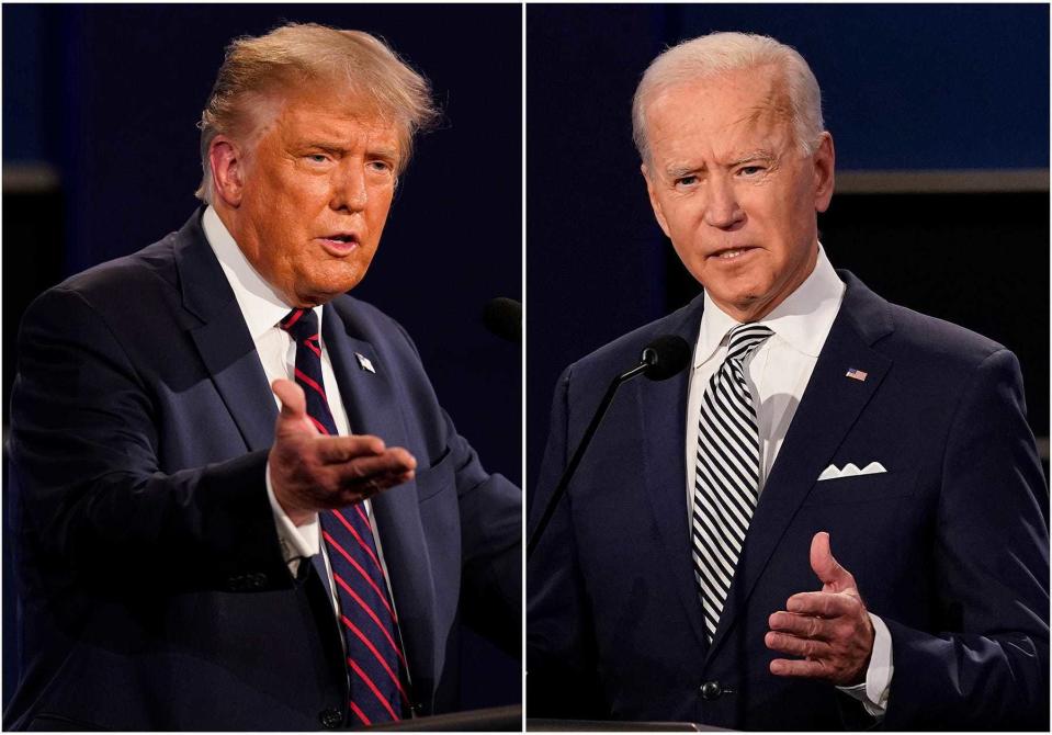 Published Caption:    TOP: President Donald Trump, left, and former Vice President Joe Biden

ABOVE: Jo Jorgensen, Libertarian candidate for president

[TOP: AP, file; ABOVE: Courtesy of Jo Jorgensen for President]

 Original Caption: This combination of photos shows President Donald Trump, left, and former Vice President Joe Biden during the first presidential debate at Case Western University and Cleveland Clinic, in Cleveland, Ohio on Sept. 29, 2020. A staggering 97 percent of the jokes Stephen Colbert and Jimmy Fallon told about the candidates in September targeted President Donald Trump, a study released Monday found. That's 455 jokes about Trump, 14 about Democrat Joe Biden, according to the Center for Media and Public Affairs at George Mason University. (AP Photo/Patrick Semansky) ORG XMIT: NYET131