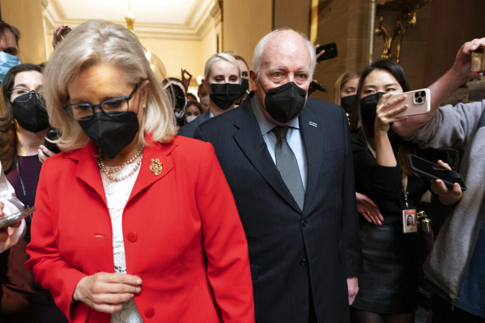 Former Vice President Dick Cheney walks with his daughter Rep. Liz Cheney, R-WY in the Capitol Rotunda at the Capitol in Washington. - Credit: (AP Photo/Manuel Balce Ceneta)