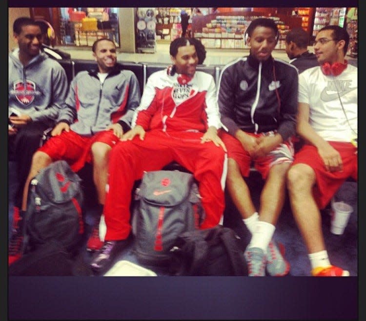 P.J. Thompson (second from left) with his Spiece Indy Heat team. Also pictured from left: Trevon Bluiett, James Blackmon Jr., JaQuan Lyle, Trey Lyles