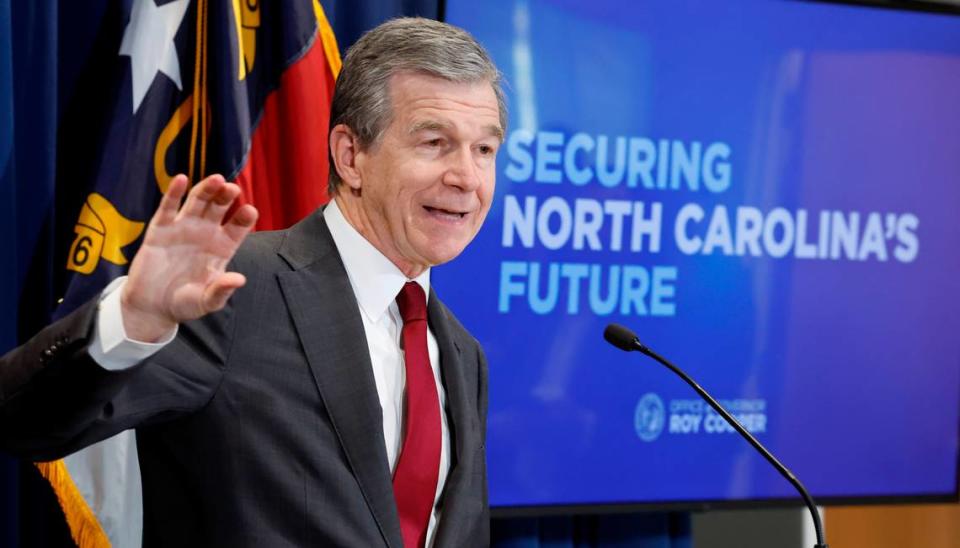 Gov. Roy Cooper talks about what is in his budget proposal during a press conference in Raleigh, N.C., on Wednesday, April 24, 2024.