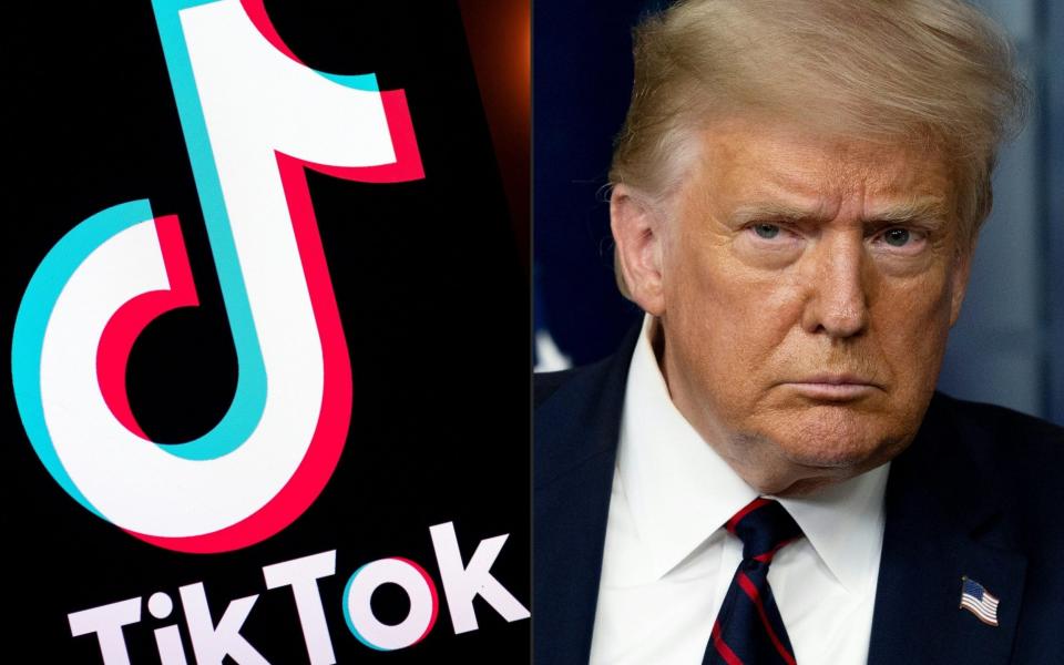  In this combination of file pictures created on August 1, 2020 shows the logo of the social media video sharing app Tiktok displayed on a tablet screen in Paris, and US President Donald Trump at the White House in Washington, DC, on July 30, 2020 - Lionel Bonaventure/AFP