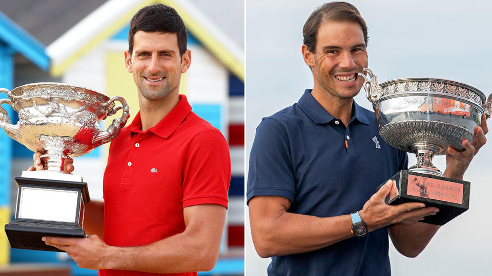 Pictured here, Novak Djokovic and Rafael Nadal pose with their most recent major trophies.