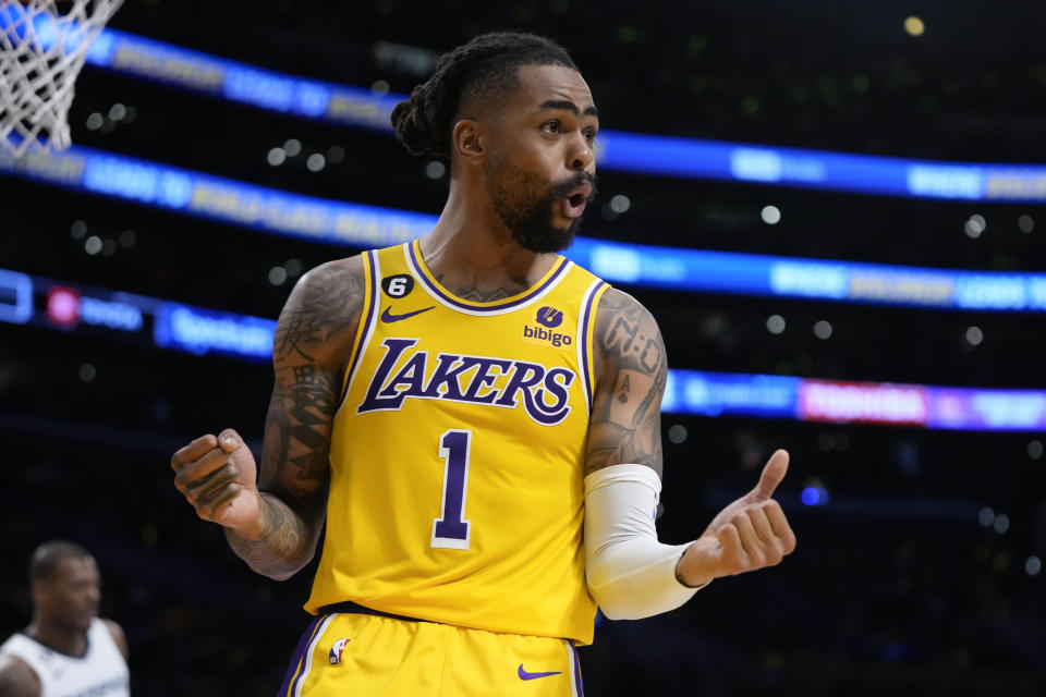 Los Angeles Lakers' D'Angelo Russell reacts to a play during the second half in Game 6 of the team's first-round NBA basketball playoff series against the Memphis Grizzlies on Friday, April 28, 2023, in Los Angeles. The Lakers won 125-85. (AP Photo/Jae C. Hong)