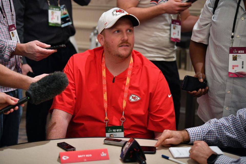 Britt Reid Linebackers coach for the Kansas City Chiefs speaks to the media during the Kansas City Chiefs media availability prior to Super Bowl LIV at the JW Marriott Turnberry on January 29, 2020 in Aventura, Florida. (Photo by Mark Brown/Getty Images)
