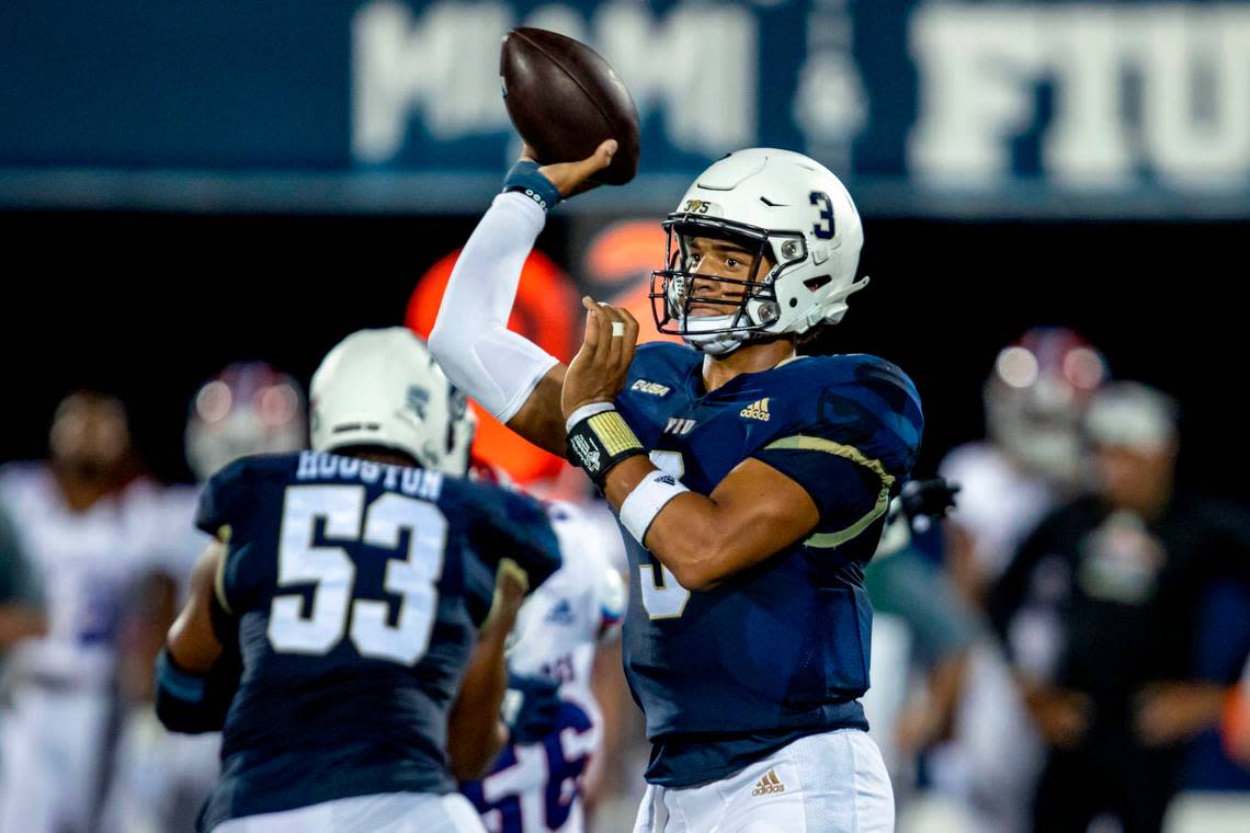 Florida International University quarterback Grayson James (3) throws the ball during the scond half of an NCAA Conference USA football game against Louisiana Tech University at Riccardo Silva Stadium in Miami, Florida, on Friday, October 28, 2022.