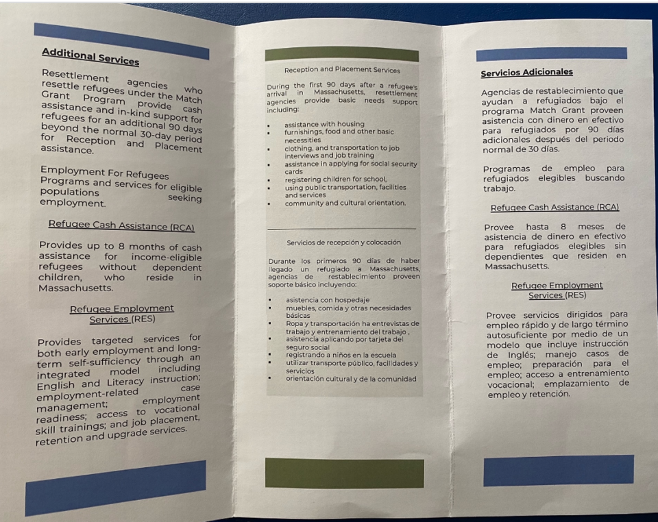 Un folleto otorgado a los migrantes venezolanos en San Antonio les prometía ayuda en Massachussetts. Courtesy/Lawyers for Civil Rights