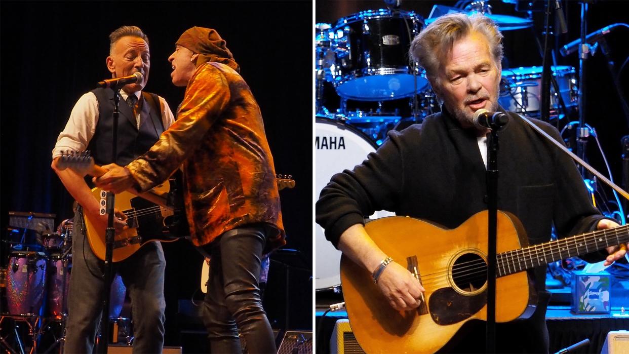  Bruce Springsteen and Stevie Van Zandt (left) and John Mellencamp perform onstage. 