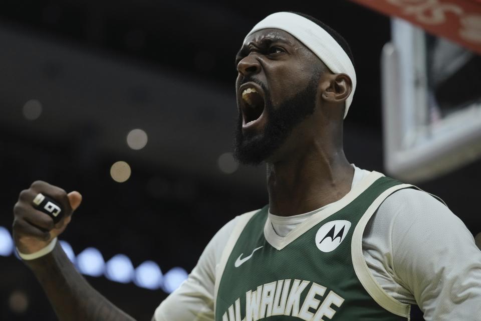 Milwaukee Bucks' Bobby Portis reacts after being fouled during the first half of an NBA basketball game Saturday, Dec. 16, 2023, in Milwaukee. (AP Photo/Morry Gash)
