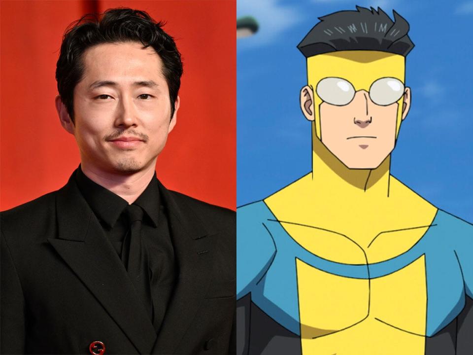 Steven Yeun, left, in March 2024. Mark Grayson/Invincible, right on season two of the animated series "Invincible."