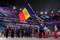 <p>Flag bearer Irineu Esteve Altimiras of Andorra and teammates arrive at the stadium during the Opening Ceremony of the PyeongChang 2018 Winter Olympic Games at PyeongChang Olympic Stadium on February 9, 2018 in Pyeongchang-gun, South Korea. (Photo by Matthias Hangst/Getty Images) </p>