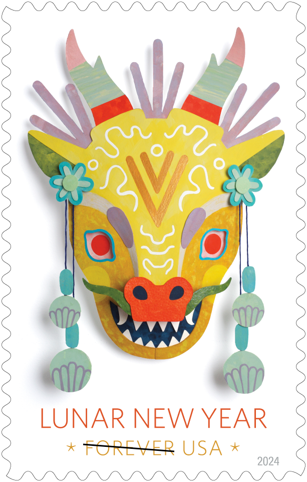 The U.S. Postal Service revealed dozens of stamp designs for 2024 on Oct. 23, with more coming soon. This stamp is the fifth of 12 designs in the latest Lunar New Year series and celebrates the Year of the Dragon with a traditional 3D paper-cut mask illustration.