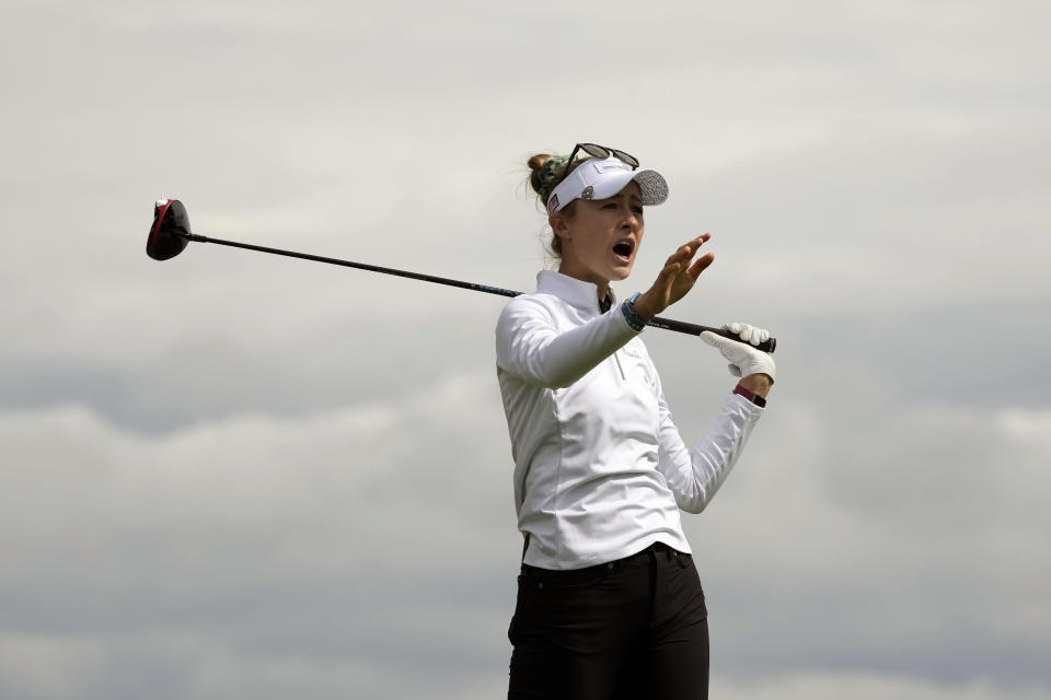Nelly Korda, of the United States, gestures after hitting from the 12th tee at the International Crown match play golf tournament in San Francisco, Thursday, May 4, 2023. (AP Photo/Jeff Chiu)