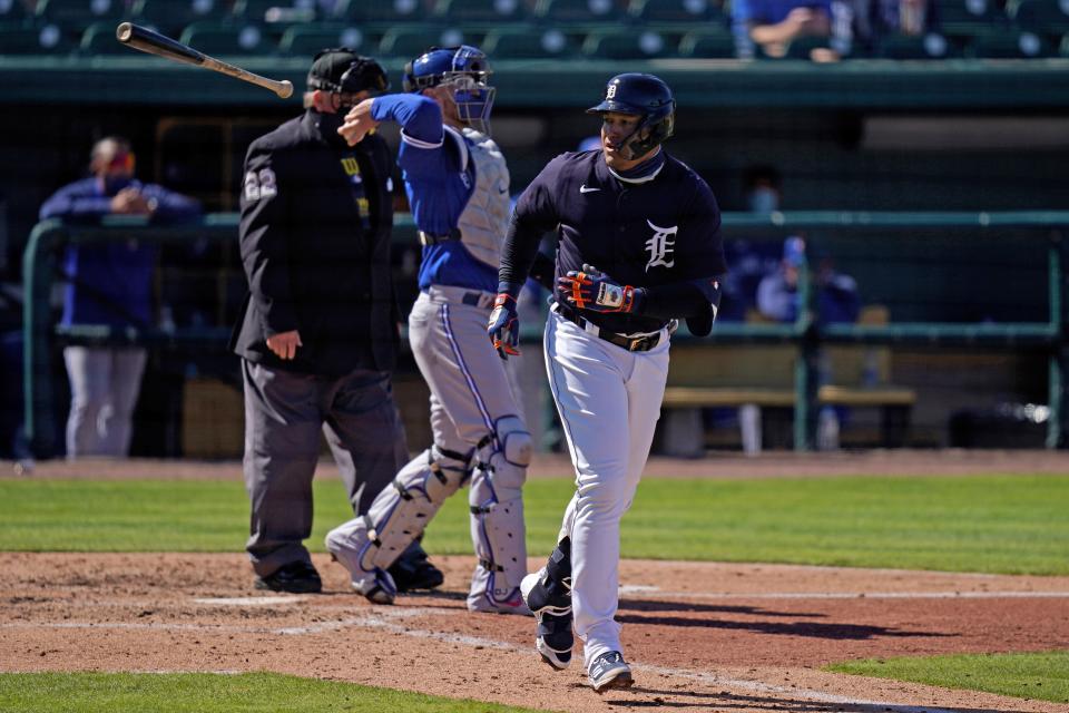 Detroit Tigers' Miguel Cabrera tosses his bat after being hit by a pitch in the 4th inning against the Toronto Blue Jays at Publix Field at Joker Marchant Stadium, March 7, 2021 in Lakeland, Fla.