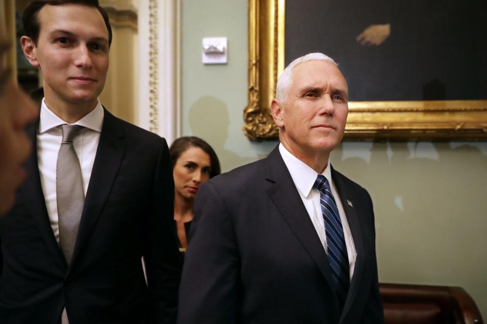 Vice President Mike Pence (right) and Jared Kushner, White House Senior Adviser and President Donald Trump's son-in-law, arrived Nov. 27, 2018,  for the weekly Senate Republican policy luncheon at the U.S. Capitol. Pence Kushner urged senators to consider rewriting the nation's criminal justice sentencing system.