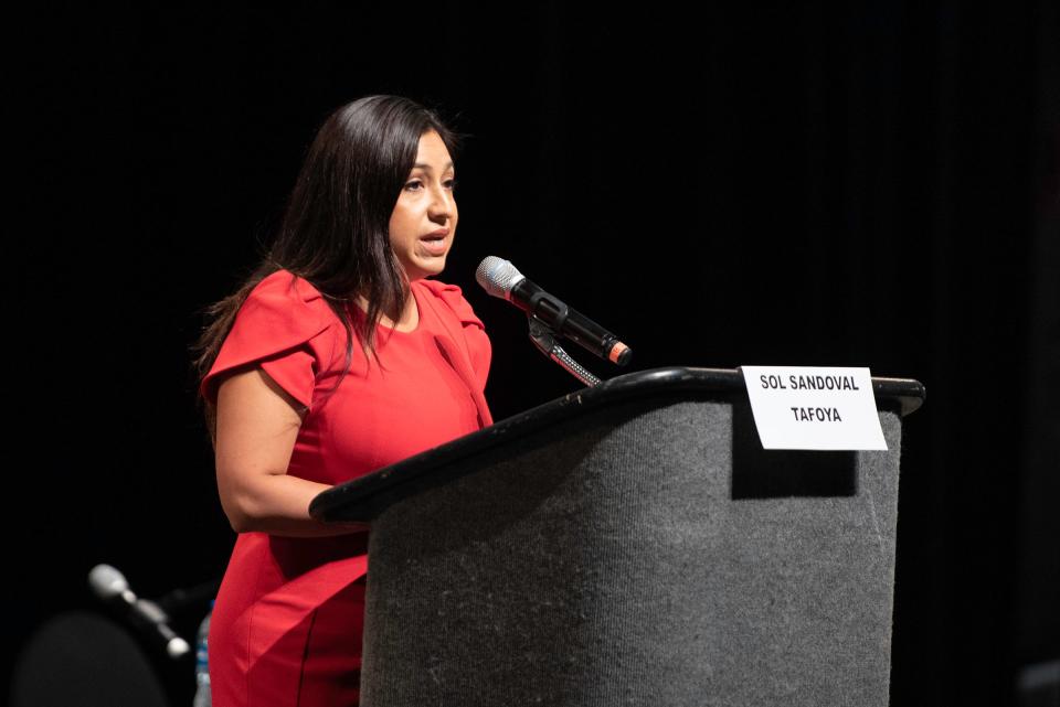 Sol Sandoval Tafoya speaks as a candidate for the District 60 school board during the 2023 Greater Pueblo Chamber of Commerce candidate debates at Memorial Hall on Thursday, October 5, 2023.