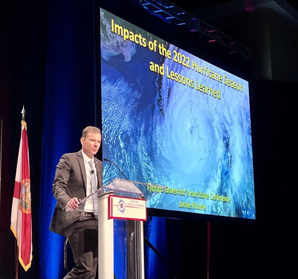 National Hurricane Hurricane Center Deputy Director Jamie Rhome speaks at the Governor's Hurricane Conference at the Palm Beach County Convention Center on May 10, 2023.