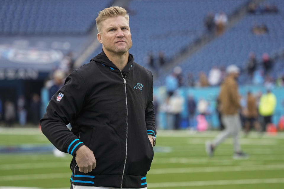 FILE - Carolina Panthers quarterbacks coach Josh McCown walks on the field before an NFL football game Tennessee Titans, Sunday, Nov. 26, 2023, in Nashville, Tenn. The Carolina Panthers fired head coach Frank Reich Monday, Nov. 27, 2023. Special teams coordinator Chris Tabor took over as interim head coach. Tabor’s first move as interim coach was to fire quarterbacks coach Josh McCown and running backs coach Duce Staley, according to a person familiar with the situation. (AP Photo/George Walker IV, File)