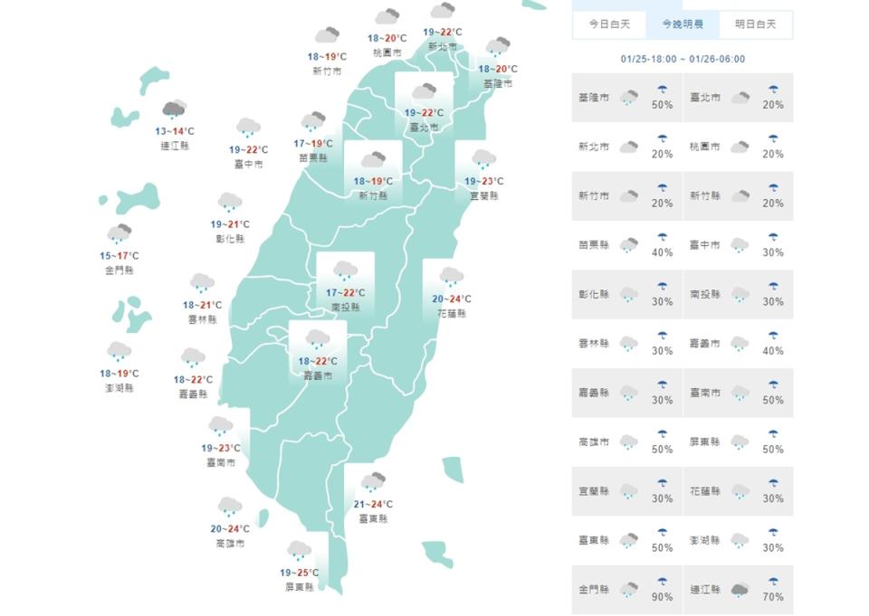 鋒面晚間起接近，降雨漸增留意局部大雨，圖為今晚到明晨天氣狀況。（氣象局提供）