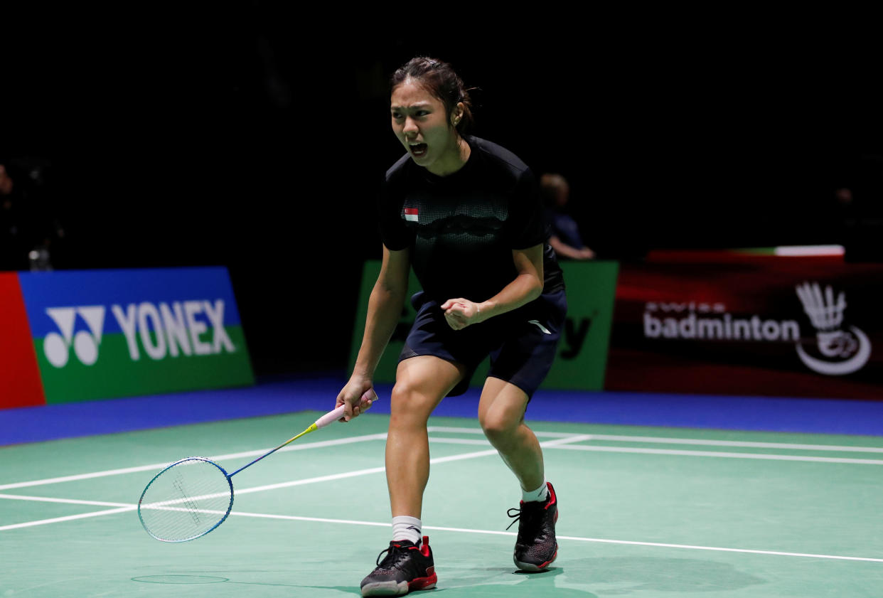 2019 Badminton World Championships - St. Jakobshalle Basel, Basel, Switzerland - August 20, 2019   Singapore's Yeo Jia Min celebrates during her second round singles match against Japan's Akane Yamaguchi   REUTERS/Arnd Wiegmann