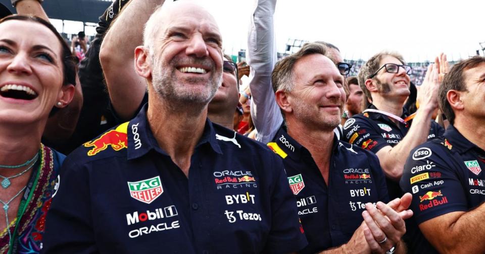 Adrian Newey smiles next to Christian Newey. Mexico, October. Credit: Alamy