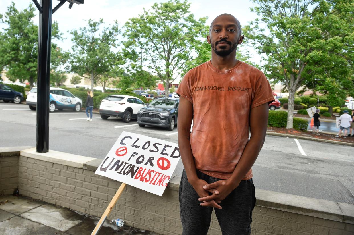 FILE - Jaysin Saxton was among the protesters outside of the Starbucks off Robert C. Daniel Jr. Parkway in Augusta on Tuesday, July 19, 2022. After he was fired in Augusta 2022, Saxton filed a complaint with the National Labor Relations Board and soon will return to work, he said Monday, June 5, 2023.