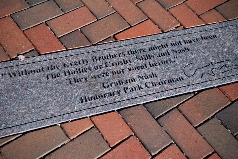 A marker with a quote from Graham Nash of Crosby, Stills and Nash at Everly Brothers Park in Knoxville