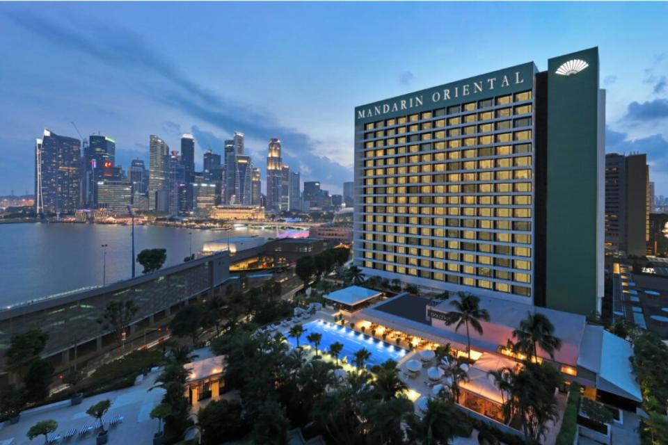 Exterior of the Mandarin Oriental, Singapore, a luxury hotel. Mandarin Oriental