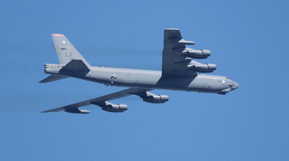 File: A US Air Force B-52 bomber flies during the Seoul International Aerospace and Defense Exhibition 2023 (AP)