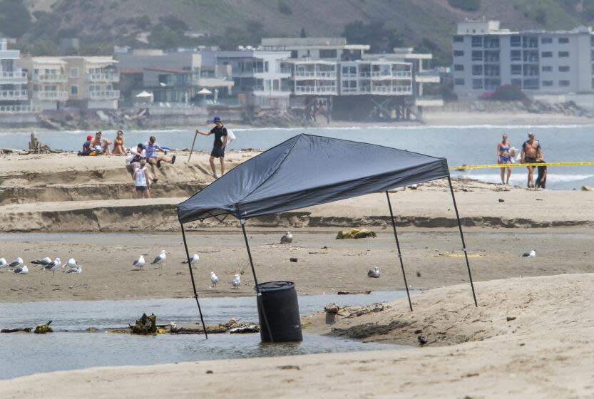 MALIBU, CA-JULY 31, 2023: A body was discovered inside a 55-gallon drum, seen underneath tent, at Malibu Lagoon in Malibu. According to Lt. Hugo Reynaga of the L.A. County Sheriff's Dept., a lifeguard noticed the 55-gallon drum floating in the middle of the lagoon this morning and after getting it to shore and opening up the lld, discovered a lifeless human body inside. (Mel Melcon / Los Angeles Times)