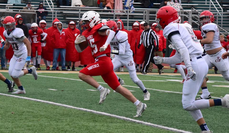 Waverly's Payton Fravel runs for a touchdown in a 30-21 win over Chenango Forks in the Section 4 Class C football championship game Nov. 11, 2023 at Vestal's Dick Hoover Stadium.