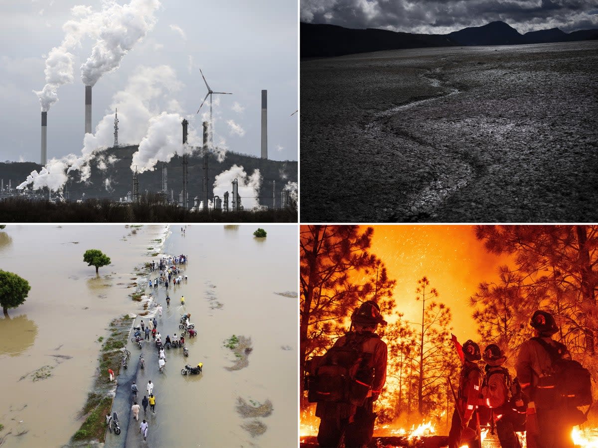 From top left, clockwise: An oil refinery and coal plant in front of wind turbines in Germany; drought-ravaged Lake Serre-Poncon, southern France; crews battle a wildfire in California in September 2022; people walk through floodwaters after heavy rainfall in Hadejia, Nigeria, September 2022 (AP/AFP)