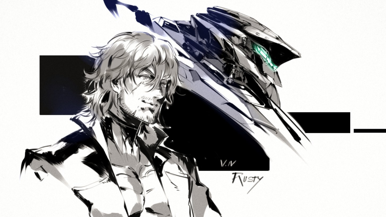  Fanart of V.IV Rusty from Armored Core 6, created by @Kubaushi on Twitter, smiling confidently next to his mech. 