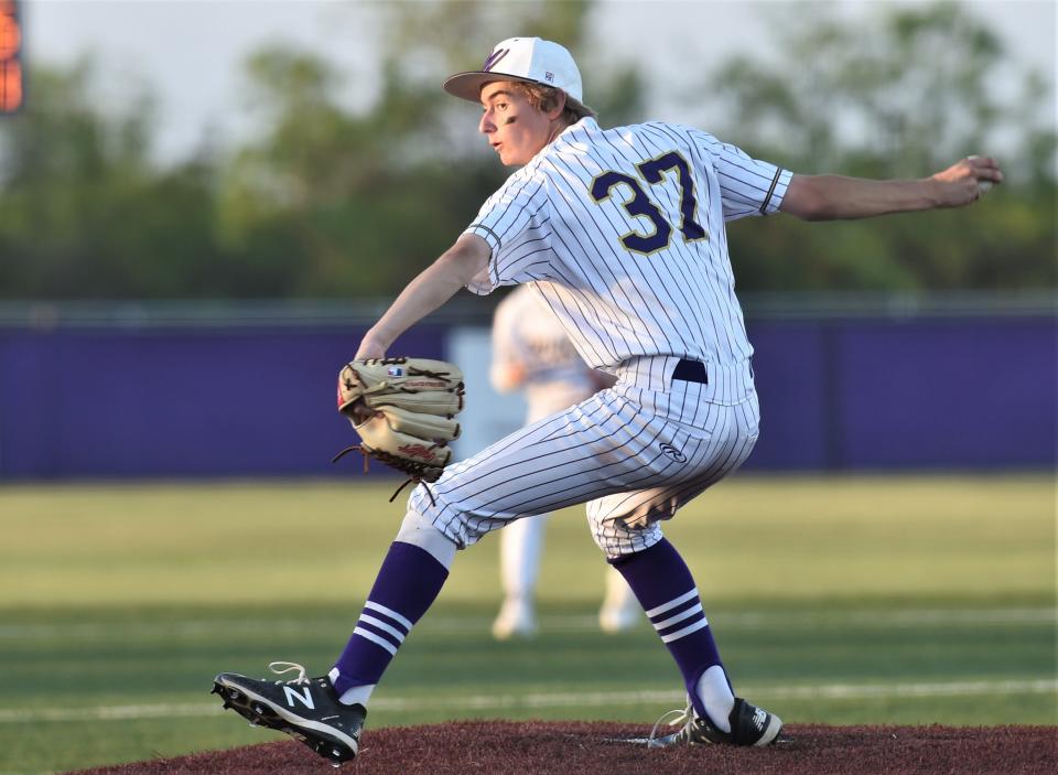 Wylie pitcher Colby Garrett throws a pitch to a Plainview batter in the fourth inning. Wylie beat Plainview 15-5 in six innings in the Region I-5A bi-district playoff opener May 4 at Wylie High School.