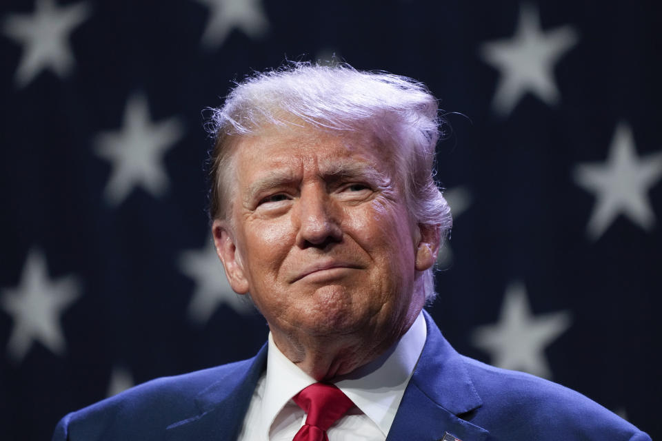 Republican presidential candidate former president Donald Trump speaks at the Republican Party of Iowa's 2023 Lincoln Dinner in Des Moines, Iowa, Friday, July 28, 2023. (AP Photo/Charlie Neibergall)