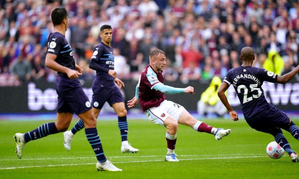 Jarrod Bowen gives West Ham a 2-0 lead against Manchester City in May, before the champions came back to draw.