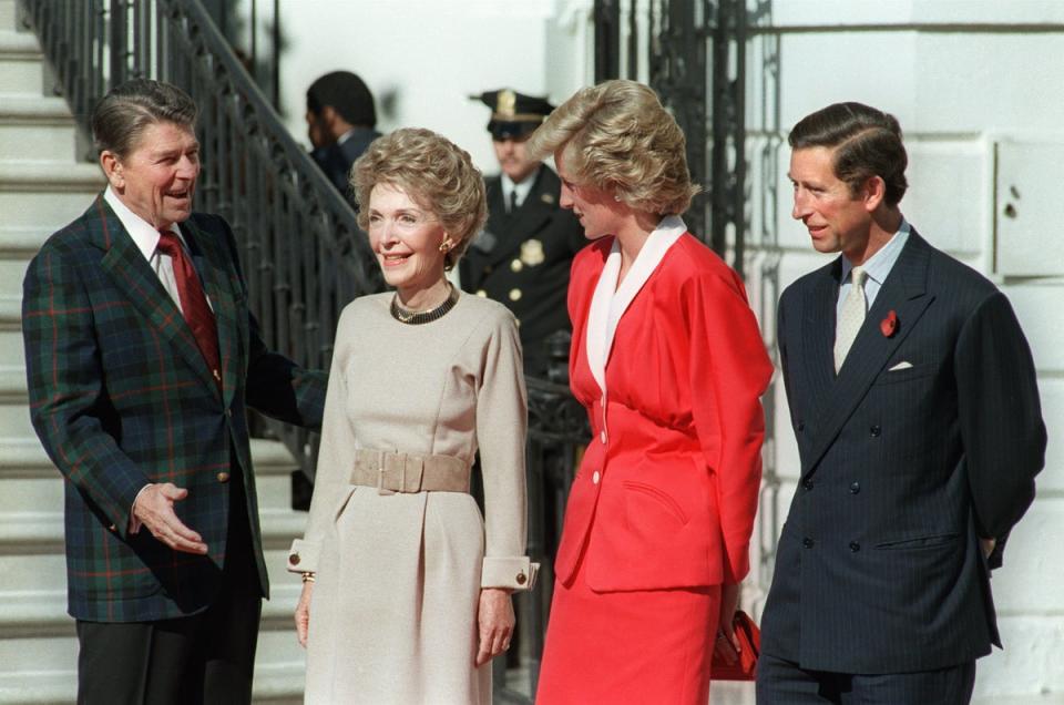 President Ronald Reagan and First Lady Nancy Reagan welcome the Prince and Princess of Wales to the White House in November 1985 (AFP via Getty Images)