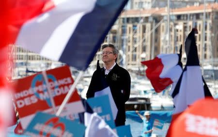 Jean-Luc Melenchon of the French far left Parti de Gauche and candidate for the 2017 French presidential election delivers a speech during a political rally in Marseille, France, April 9, 2017. REUTERS/Jean-Paul Pelissier