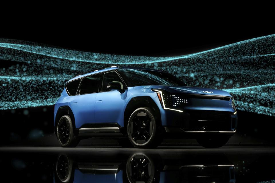 This photo provided by Edmunds shows the Kia EV9 electric SUV. It has three roomy rows of seating and is well suited for larger families thanks to its high comfort and extensive technology features. (Courtesy of Edmunds via AP)