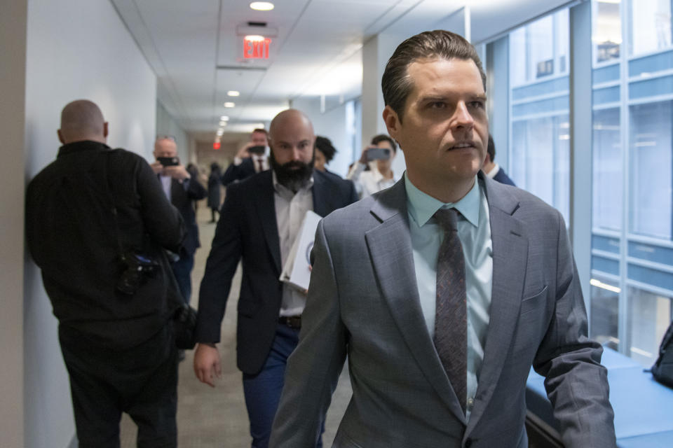 Rep. Matt Gaetz, R-Fla., right, arrives to hear for U.S. Attorney David Weiss in a transcribed interview before members of the House Judiciary Committee, Tuesday, Nov. 7, 2023, in Washington. The special counsel overseeing the Hunter Biden investigation is testifying behind closed doors as a GOP probe into the Justice Department's handling of the case continues to unfold. (AP Photo/Alex Brandon)