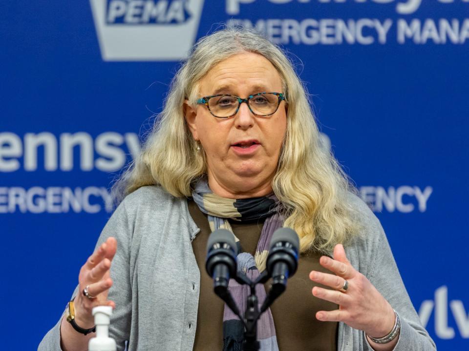 Pennsylvania Secretary of Health Dr Rachel Levine meets with the media at the Pennsylvania Emergency Management Agency (PEMA) headquarters in Harrisburg, Pennsylvania ((Associated Press))