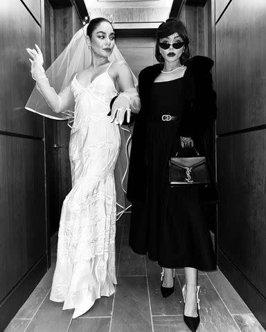 <p>Sarah Hyland/Instagram</p> Vanessa Hudgens and Sarah Hyland dressed up for Hudgen's "funeral" at her bachelorette party in Aspen