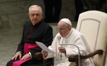 Pope Francis speaks during his weekly general audience in the Paul VI hall at the Vatican, Wednesday, Aug. 4, 2021. It was Francis' first general audience since undergoing planned surgery to remove half his colon for a severe narrowing of his large intestine on July 4, his first major surgery since he became pope in 2013. (AP Photo/Riccardo De Luca)