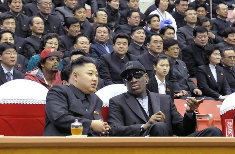 Kim Jong-Un (front left) and Dennis Rodman at a basketball game in Pyongyang on February 28, 2013. Flamboyant former NBA star Rodman has lauded North Korea's new leader as an "awesome kid" following an unprecedented meeting with Kim Jong-Un at a basketball game in Pyongyang